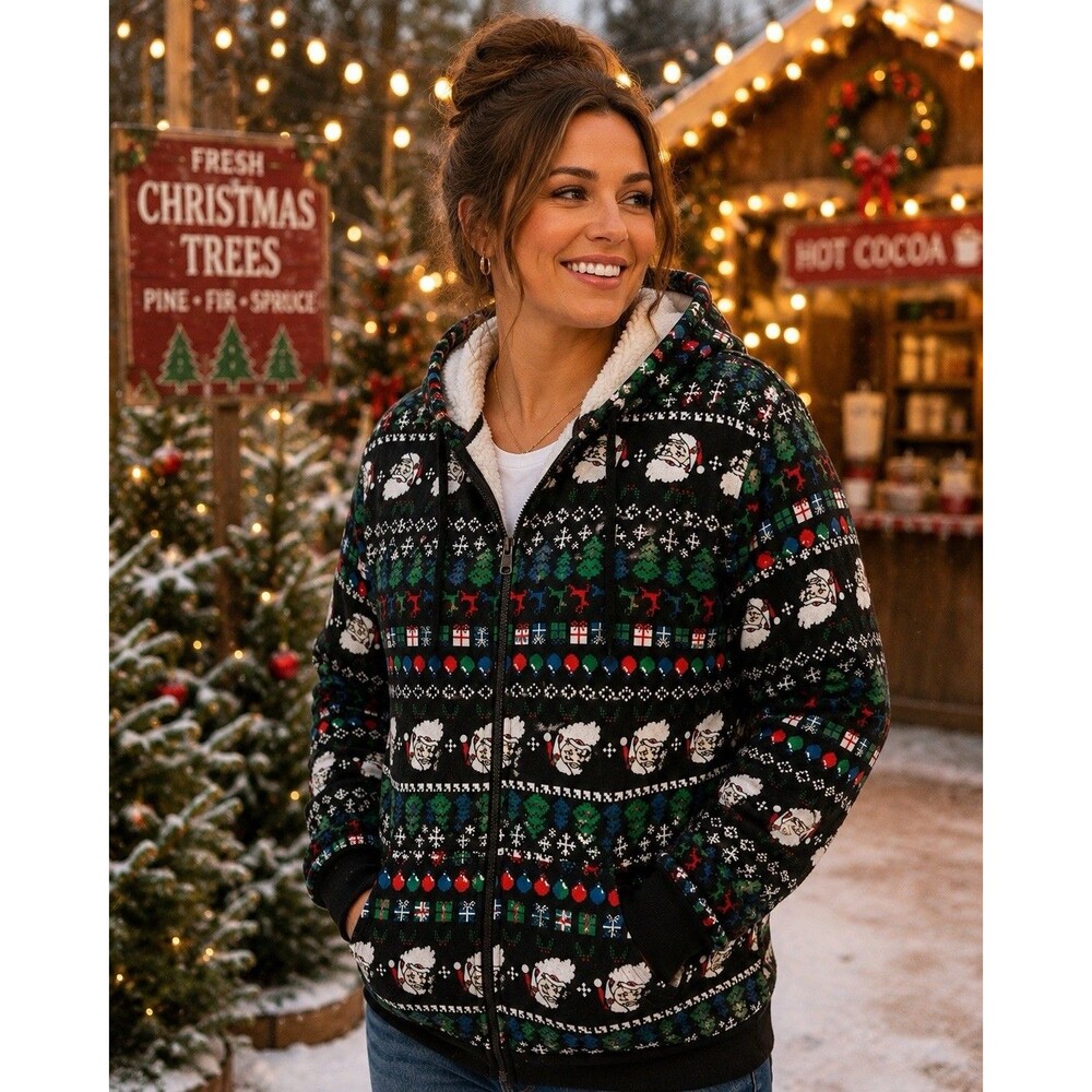 Old River Christmas Santa Fair Isle Sherpa Lined Zip Hoodie Jacket XXL Cozy Warm